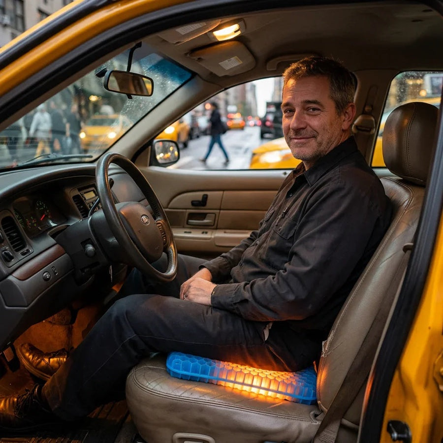 Taxi driver sitting on the gel seat cushion
