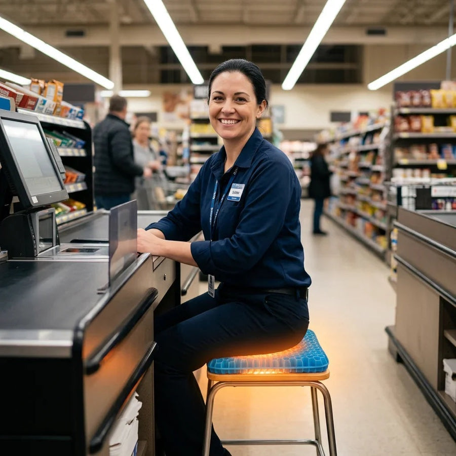 Cashier using the gel seat cushion at work