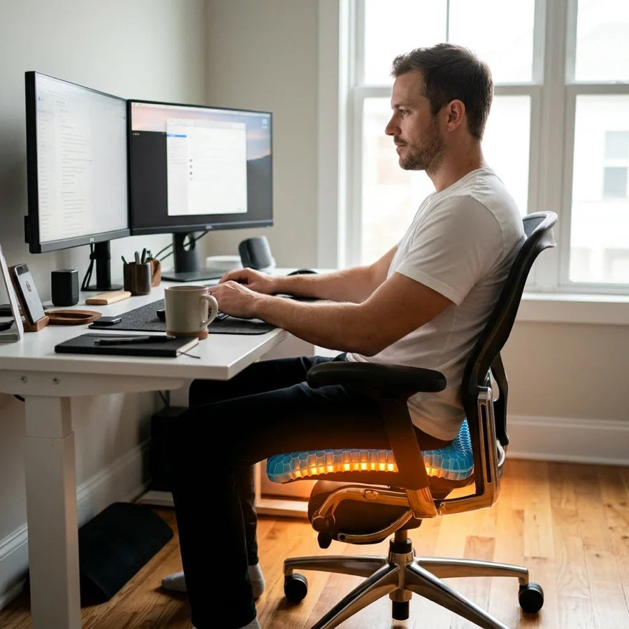 Office worker with the gel seat cushion on a desk chair