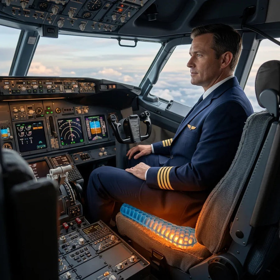 Pilot using the gel seat cushion in the cockpit