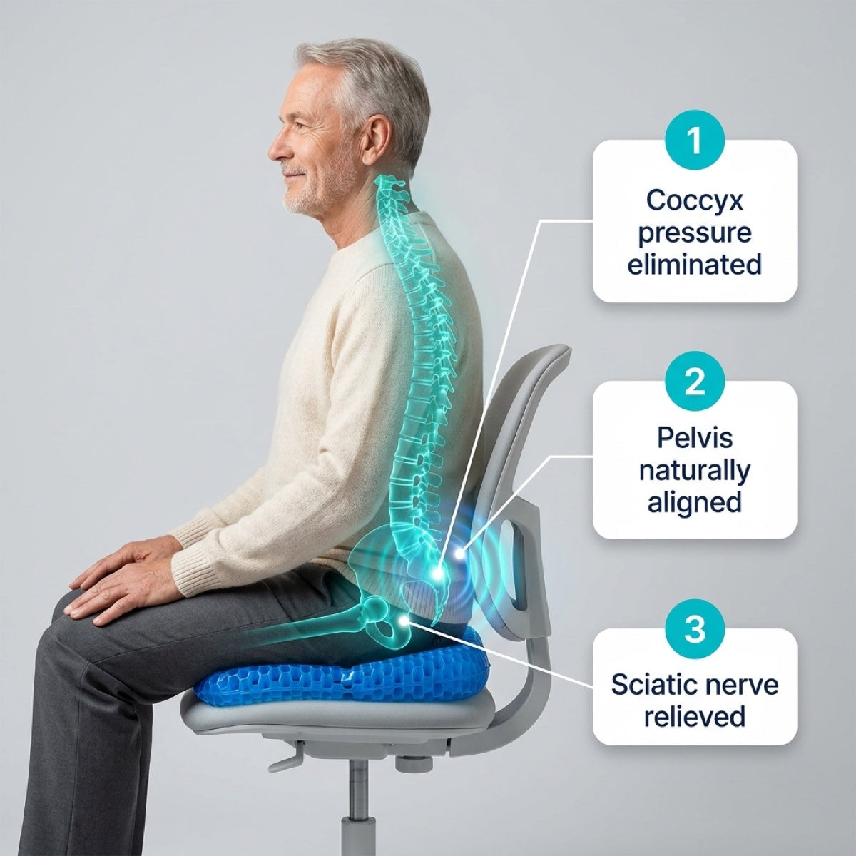 Gel seat cushion with coccyx cutout